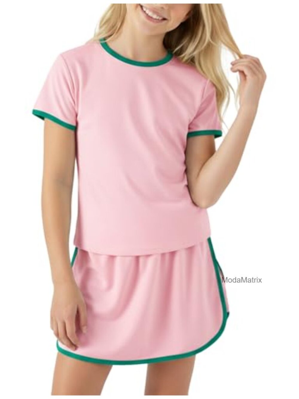 Girls 2 Piece Skort Set Color Block Tee & Skirt with Built-in Shorts 6-14Y
